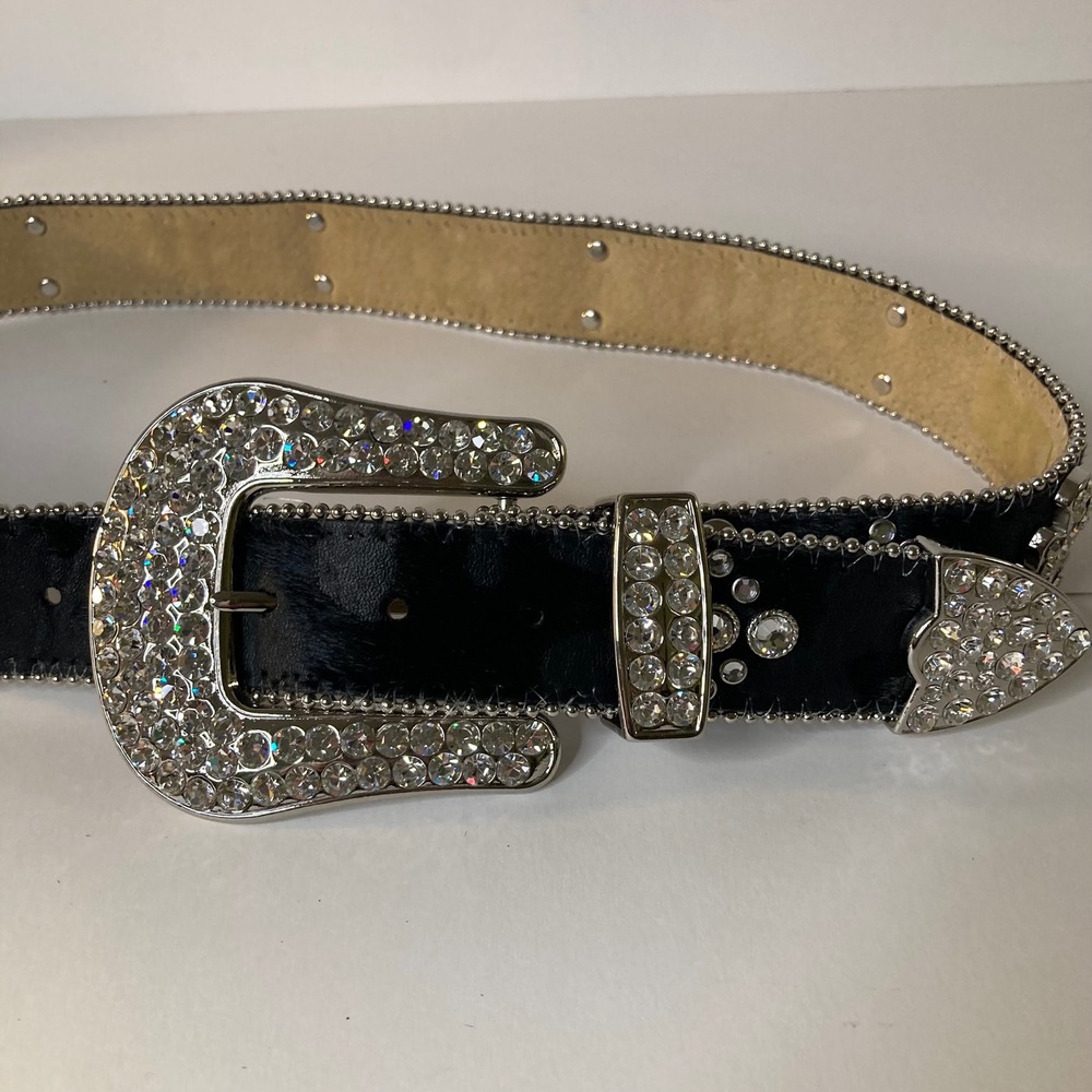 Vintage 1849 Authentic Ranchwear Rhinestone Cross Calfhair Belt 34-L Black 1.5"W - Picture 5 of 12